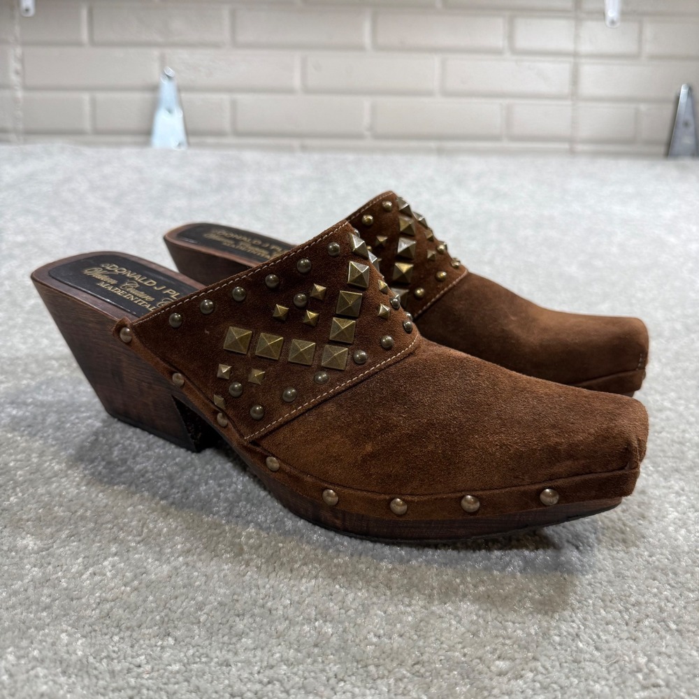 Donald J Pliner Western Couture Brown Suede Studded Wood Heel Clogs Mules 7M
